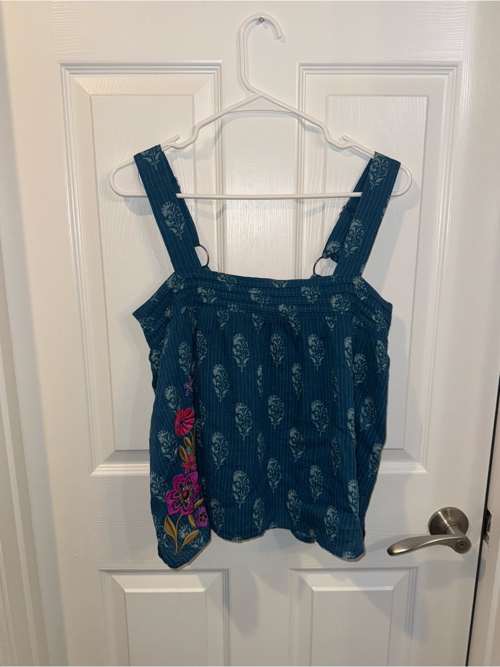 Anthropologie Teal Blue Floral Embroidered Tank Top